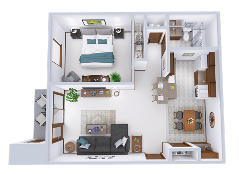 Floor plan for 1 bed, 1 bath, 688 sqft